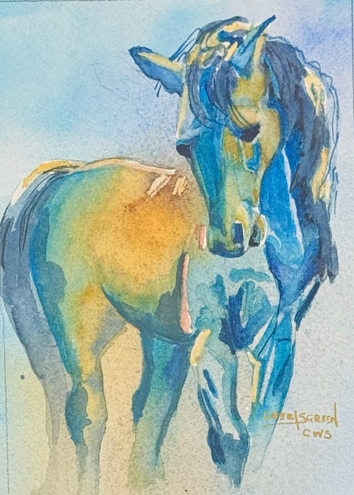Blue Horse 5x7 Watercolor $150 at Hunter Wolff Gallery